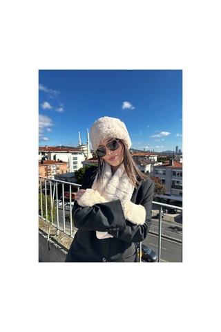 Mollycrush Kadın Bej Peluş Bucket Şapka Atkı Eldiven 3 Lü Premium Set Bej