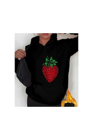 Herkesemoda Çilek Baskı Detaylı Kapüşonlu Sweatshırt Siyah