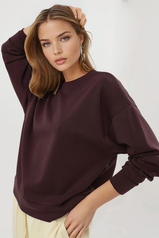 Hiccup Busem Rahat Kesim Bisiklet Yaka Modal Sweatshirt Bordo Kırmızı