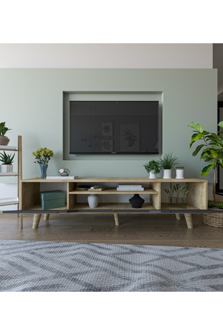 Roma Ahşap Ayaklı Tv Ünitesi Tv Sehpası Safir Meşe - Antrasit