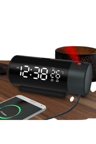 Modern Projeksiyonlu Silindir Led Çalar Saat Dijital Ekran, Usb, Sıcaklık & Çift Alarm Siyah