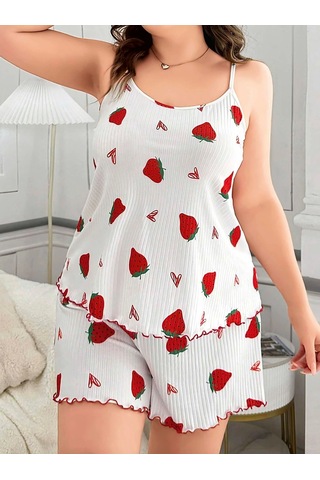 Senoramoda Büyük Beden Çilek Desen Pamuklu Şortlu Pijama Takımı Beyaz
