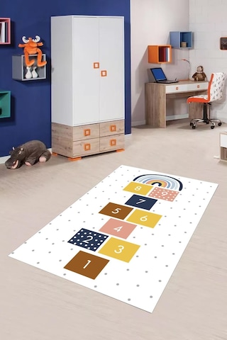 Dijital Baskılı Gökkuşağı Seksek Desenli Dekoratif Yıkanabilir Kaymaz Taban Çocuk Halısı Çok Renkli