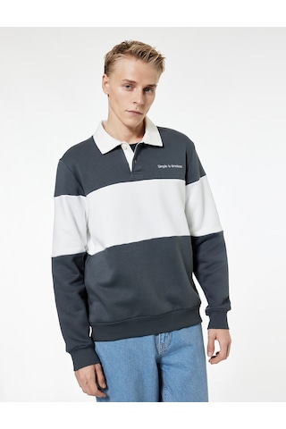 Koton Renk Bloklu Nakışlı Polo Yaka Uzun Kollu Sweatshirt Antrasit 7wam70026mk