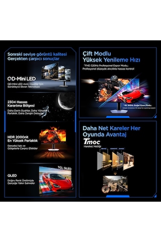 Tcl 27c2a Pro 27 İnç 4k Mini Led Oyuncu Monitörü, Uhd 160 Hz / Fhd 320 Hz, 1 Ms Gtg, Hdr1400, Freesync Premium