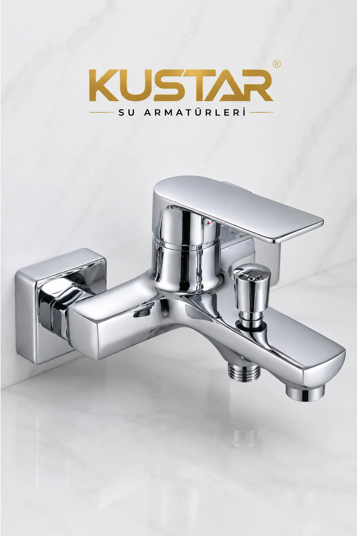 Mars Model Krom Banyo Bataryası Tek Kollu Küvet Duş Bataryası Modern Tasarım - Kare Rozetli