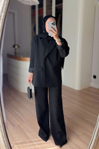 Ka Hijab Vatkalı Taşlı Ceket Pantolon Takım - Siyah