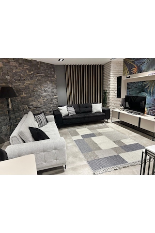 Çam Halı Side 1403 Gri Mavi İskandinav Desenli Koridor Halısı Kesme Yolluk Mutfak Halısı Modern Salon Halısı Gri 3