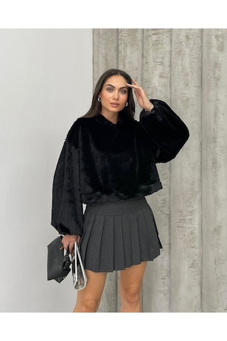 Kadın Crop Boy Yumuşacık Balon Uzun Kol Kapüşonlu Şık Kısa Sweatshirt Siyah