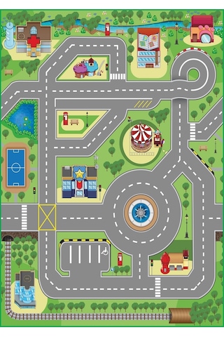 Kaymaz Tabanlı Ince Yıkanabilir Çocuk Halısı Trafik Çok Renkli