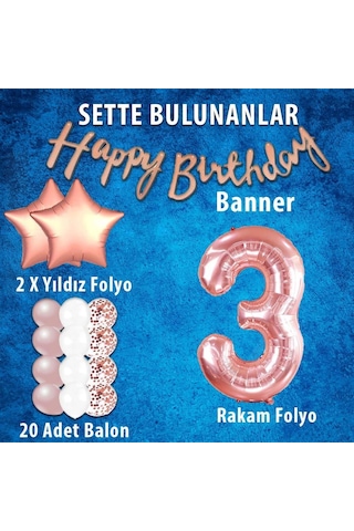 Rose Gold Konsept 3 Yaş Doğum Günü Kutlama Seti; Beyaz Gold Konfe