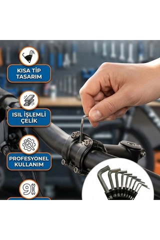9 Parça Kısa Tip Isıl İşlemli Alyan Anahtar Seti Profesyonel Kullanım