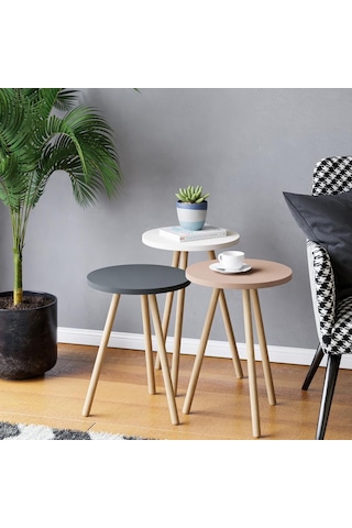 İntergo Renkli Üçlü Ahşap Ayaklı Yuvarlak Pastel Tasarım Zigon Sehpa Beyaz-Cappuccino-Gri