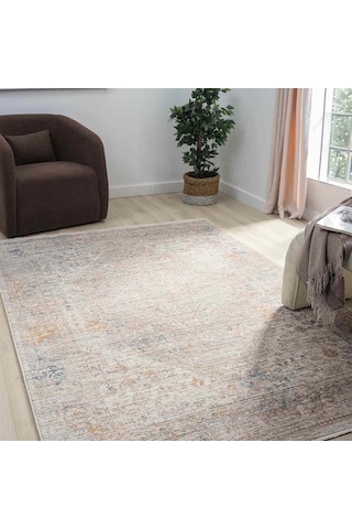 Açık Bej Gri Turuncu Detaylı Soyut Eskitme Halı Dk10205bp