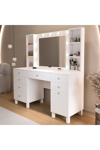 Robin Home Hollywood Makyaj Masası 7 Çekmece Kapaklı Düzenleyici Hollywood Led Işıklı Raflı Beyaz