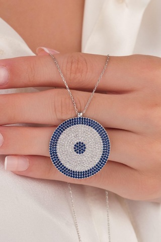 30 Mm Gümüş Mavi Lacivert Zirkon Taşlı Göz Nazar Boncuğu Boncuklu Kolye