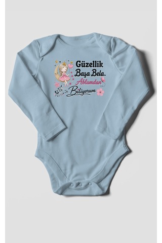 Morivokids Güzellik Başa Bela Ablamdan Biliyorum Uzun Kollu Bebek Body %100 Pamuk Bebe Mavisi