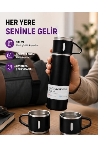Çelik Termos Bardak Seti 500 Ml Kapasite, Kaymaz Taban, Hediye Kutulu Açık Lacivert