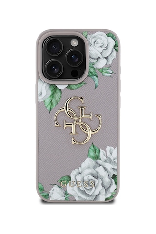 Apple Uyumlu iPhone 15 Pro Max Kılıf Guess Lisanslı Gül Baskılı Büyük Metal Logo Dizaynlı Kapak Mor