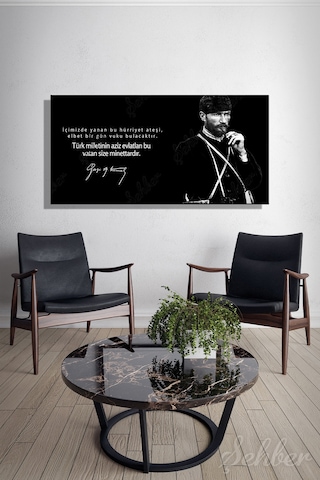 Gazi Mustafa Kemal Atatürk'ün Portresi Ve Anlamlı Bir Sözü İle İmzası Yatay Kanvas Tablo Tekli 4133 Çok Renkli