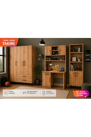Genç Odası Takımı, 3 Kapılı Dolap, Çalışma Masası, Kitaplık Atlantik Çam