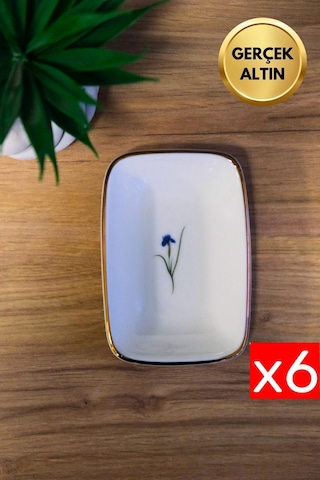 Tabak Evi Porselen Natura İris Altın Yaldızlı Dikdörtgen Kayık Tabak 12x8,50cm 6 Lı Çok Renkli