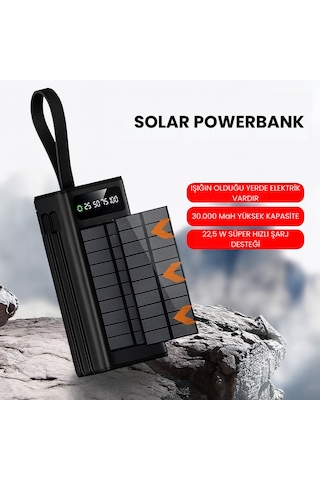 30000 Mah Solar Powerbank Güneş Enerjili Taşınabilir Şarj Cihazı 22.5w Hızlı Şarj Dahili Kablolu Çoklu Çıkış Dijital Ekran Siyah - Siyah