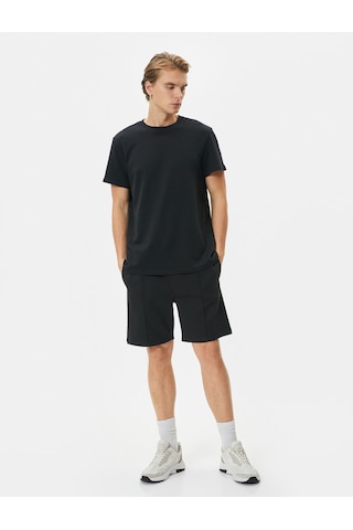 Koton Bermuda Şort Beli Bağcıklı Nervürlü Cepli Siyah 4sam40021mk Siyah