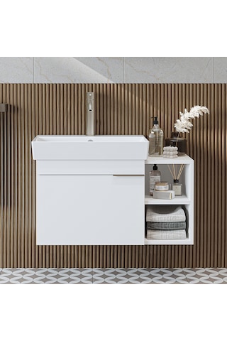 Likya Tek Kapaklı Açık Raflı Lavabolu 82 Cm Banyo Dolabı Alt, Lavabolu Alt Banyo Dolabı Beyaz