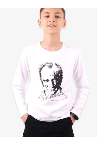 Breeze Çocuk Atatürk Baskılı İnce Uzun Kollu Pamuklu Bluz-13686-beyaz Beyaz