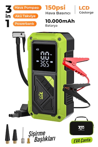 7go 7a4 Akü Takviyeli Hava Pompası & Jump Starter 10000mah Powerbank Çok Fonksiyonlu Araç Destek C