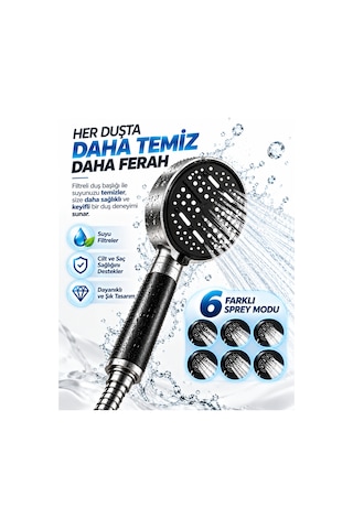 Filtreli 6 Sprey Modlu Duş Başlığı Büyük Panel Siyah Metalik Çok Fonksiyonlu Belirtilmemiş