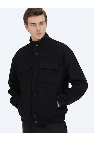 Kip Siyah Comfort Fit Dik Yaka Casual Dokuma Mont Siyah