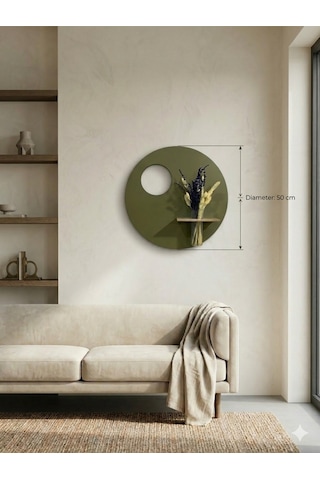 Sümbül 50 Cm Ahşap Pilli Ledli İskandinav Tarzı Duvar Rafı Modern Çiçeklik Haki