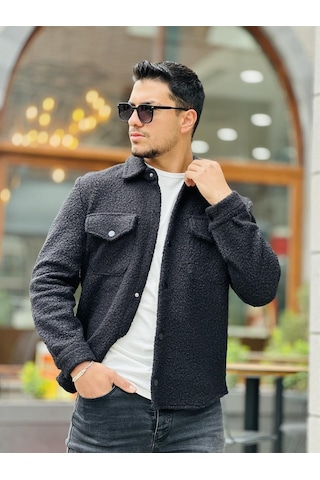 Miron Siyah Kıvırcık Dokulu Kumaş Gömlek Yaka Cepli Regular Fit Ceket Haki