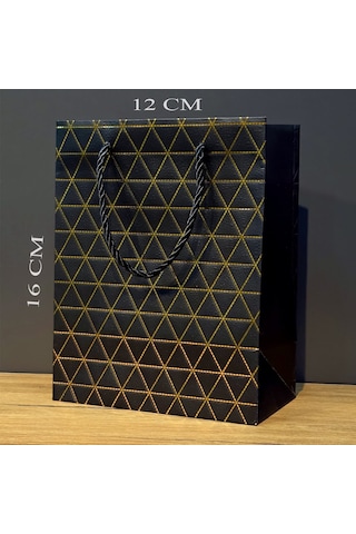 Siyah Geometrik Desenli Mini Boy Karton Hediye Çantası