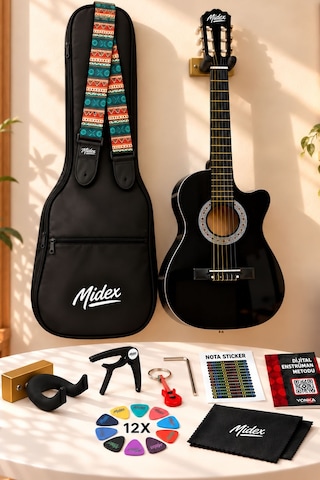 Midex CG - 395BK Siyah Klasik Gitar 4/4 Sap Ayarlı Kesik Kasa Full Set (Çanta Askı Pena)