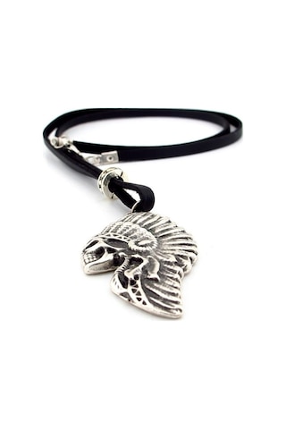 Solfera Kızılderili Kurukafa Siyah Deri Metal Erkek Kolye Q0592 Gümüş