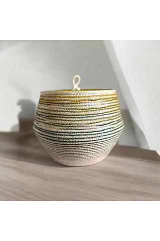 Hasır Sepet, Jüt Sepet, Doğal Hasır Sepet, Çok Amaçlı Dekoratif Hasır Sepet, Renkli Kapaklı Sepet Ekru