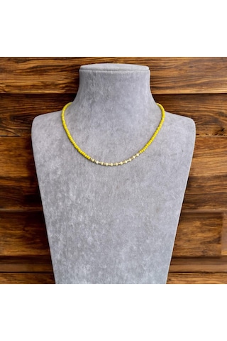 Kırmızı Sanat Evi Sarı Kristal Boncuklu Gold Detaylı Mini Bijuteri Kolye