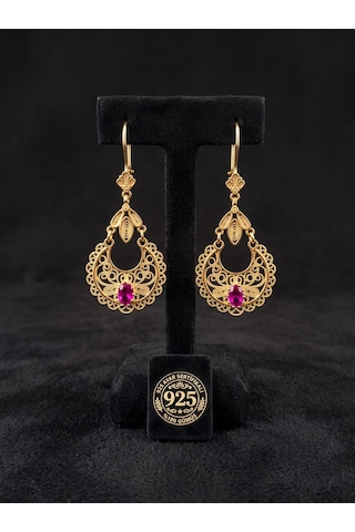 925 Ayar Gümüş Geleneksel Telkari İşlemeli Gold Fuşya Taşlı Sallantılı Küpe Rze10395