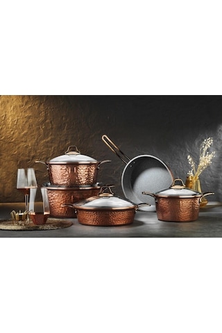 Brioni Copper 9 Parça Yanmaz Yapışmaz Bakır Görünümlü Granit Tencere Seti Bakır