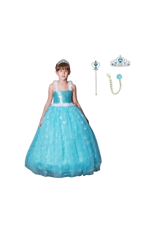 Butikhappykids Prenses Askılı Elsa Kostüm Taç Asa Saç 1-12 Yaş Mavi