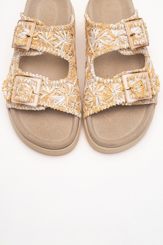 Luvishoes Luvi Shoes Mılana Bej Desenli Hakiki Deri Tokalı Çift Bantlı Kadın Terlik Bej