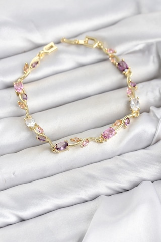 Pirinç Gold Renk Pembe Ve Mor Zirkon Taşlı Çiçek Model Kadın Bileklik Çok Renkli