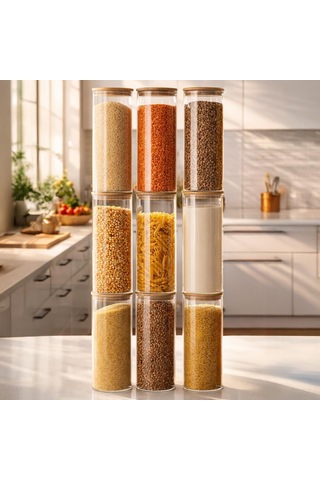 4-3 Bambu Vakumlu Kapaklı Yuvarlak Borosilikat Cam 9lu Kavanoz Seti Saklama Kabı 2100ml 10x30cm Çok Renkli