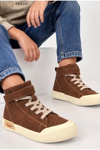 Papucumun Dünyası Çocuk Erkek/kız Yüksek Bilekli Bağcıklı Spor Ayakkabı Sneaker Kahverengi