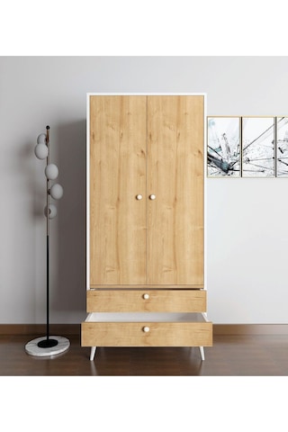 Floradesign Riva Elbise Dolabı / Iki Kapaklı Çekmeceli Dolap / Gardırop Beyaz/meşe