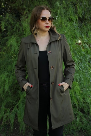 1671 Kolu Düğme Detaylı Uzun Kapişonlu Haki Büyük Beden Kadın Ceket Haki