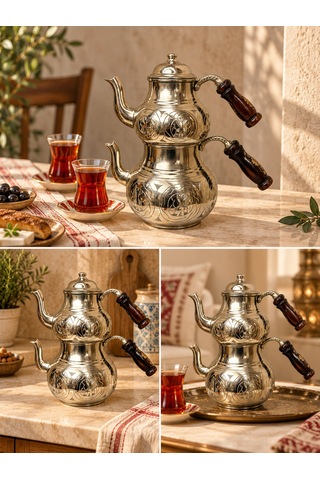 Aura Copper Ağır El İşlemeli Kalın Bakır Çaydanlık Takımı 1,2 Mm 27 Cm Gümüş Parlak/ac-cy-033